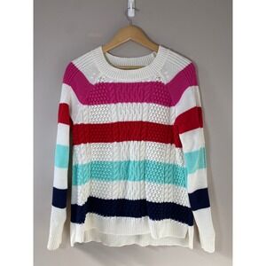 Crown & Ivy Womens Large Striped Cable Knit Sweater Multi Color Crew Neck Cotton